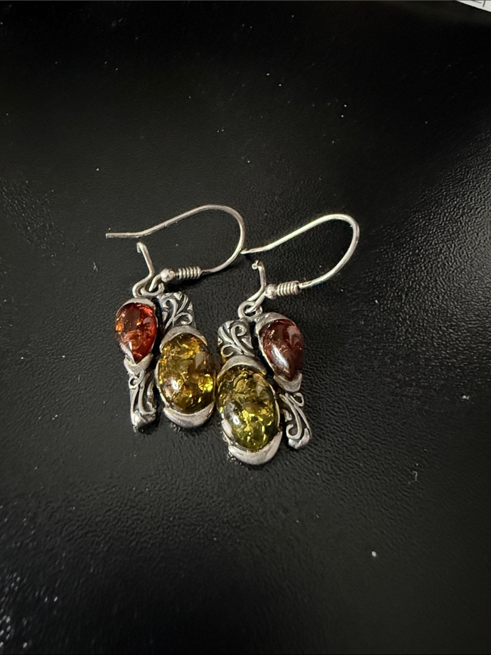 Sterling Silver Green and Amber Drop Earrings - Classic Women Jewelry